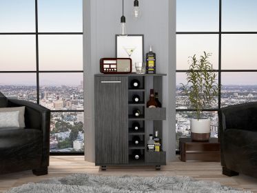 Bar Cart; Two External Shelves; Four Casters; Six Built-in Wine Rack; Single Door Cabinet -Smokey Oak