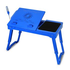Foldable Laptop Table Bed Notebook Desk w/Cooling Fan Mouse Board LED light 4 x USB Ports Breakfast Snacking Tray with Storage Groove For Home Office (Option: Blue)