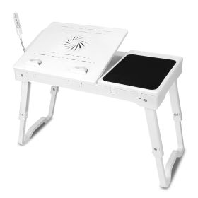 Foldable Laptop Table Bed Notebook Desk w/Cooling Fan Mouse Board LED light 4 x USB Ports Breakfast Snacking Tray with Storage Groove For Home Office (Option: White)