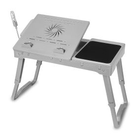 Foldable Laptop Table Bed Notebook Desk w/Cooling Fan Mouse Board LED light 4 x USB Ports Breakfast Snacking Tray with Storage Groove For Home Office (Option: Grey)