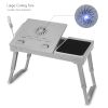Foldable Laptop Table Bed Notebook Desk w/Cooling Fan Mouse Board LED light 4 x USB Ports Breakfast Snacking Tray with Storage Groove For Home Office