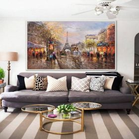 Handmade Oil Painting Paris city art painting People walking in the bustling streets of Paris Large Original Paris City Landscape oil painting Framele (style: 07, size: 90X120cm)